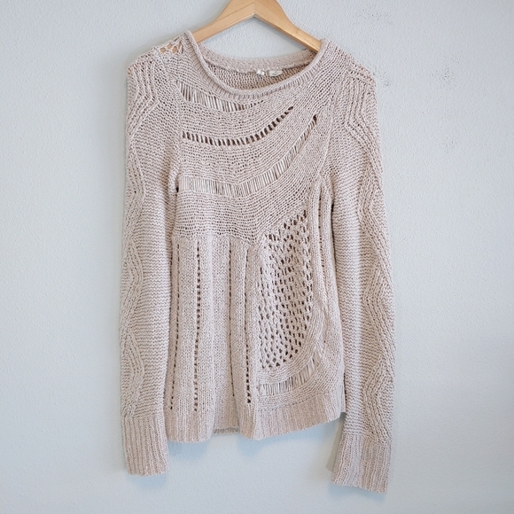 Moth Anthropologie Oatmeal Color Asymmetrical Open Weave Knit Sweater Sz M - Picture 1 of 8